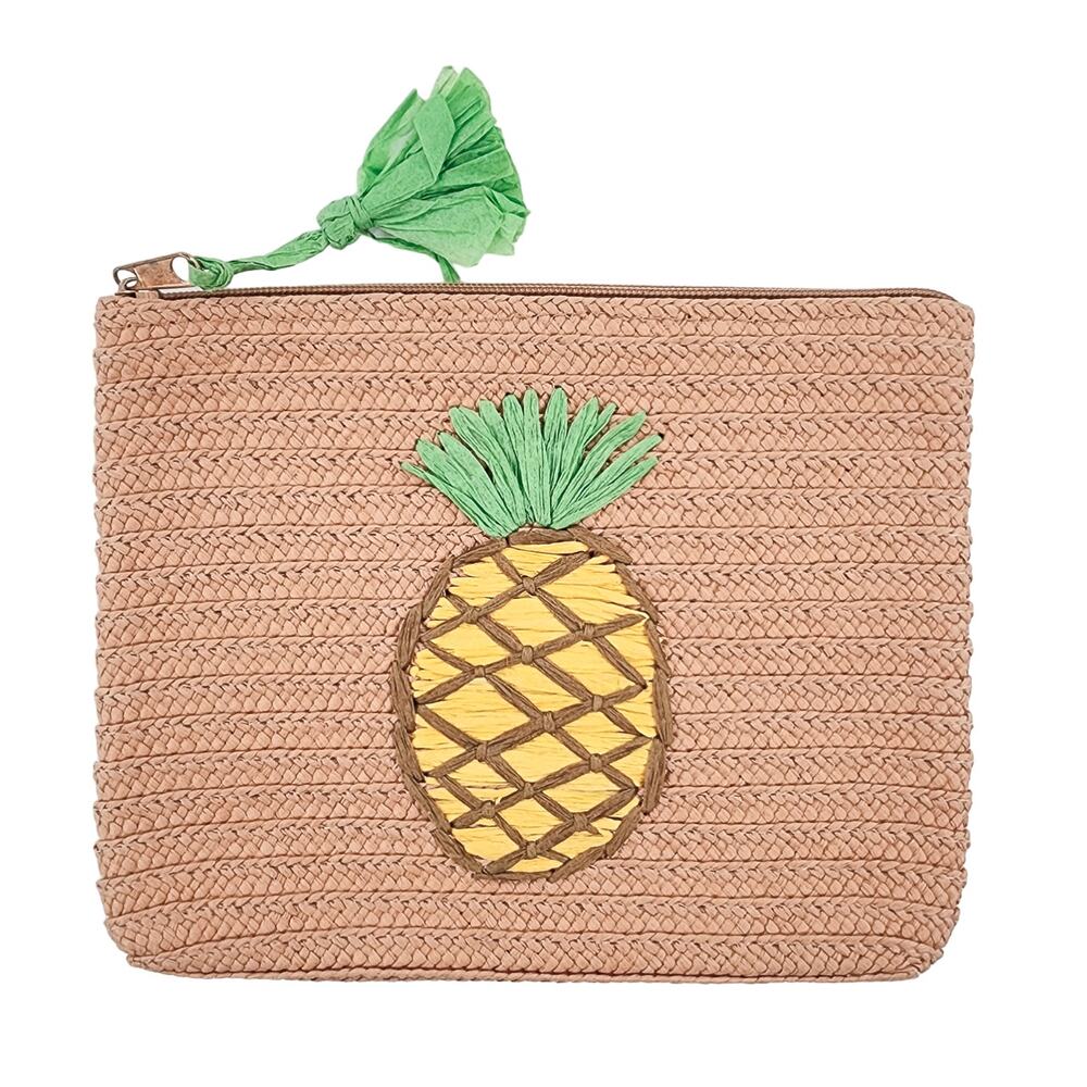 Mud Pie Braided Straw Carry All Cosmetic Bag Pineapple Clutch Purse Zip Top